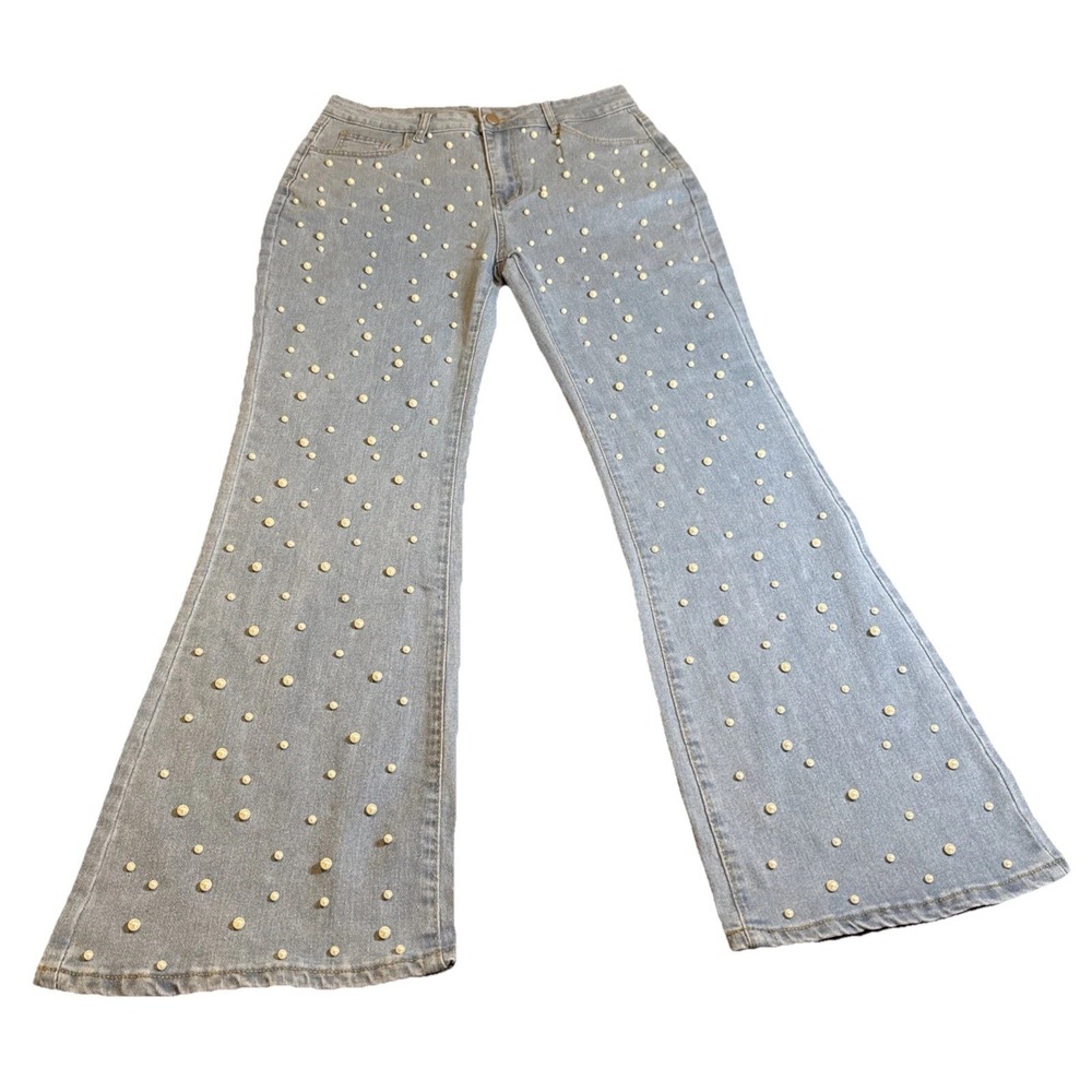 Pearl Embellished Jeans Women XL Bootcut Flare Light Wash Stretch Denim
